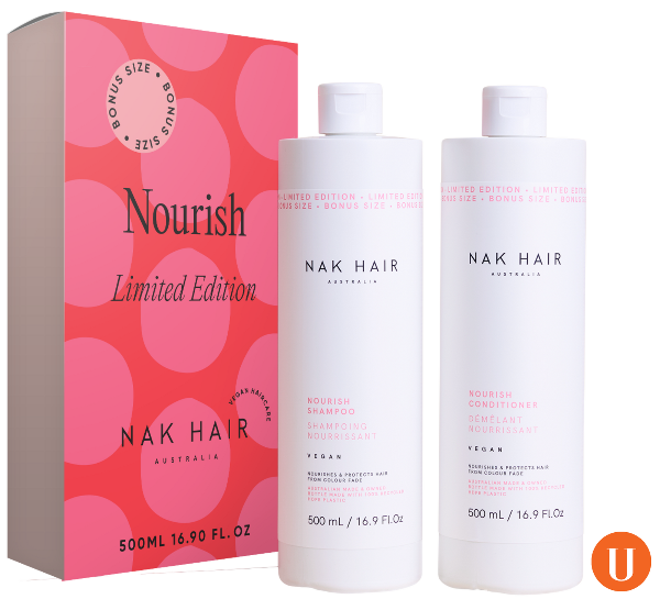 Nak Hair shampoo and conditioner bottles with packaging on a white background