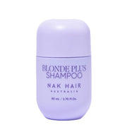 Purple shampoo bottle labeled 'Blonde Plus Shampoo' by Nak Hair Australia on a white background