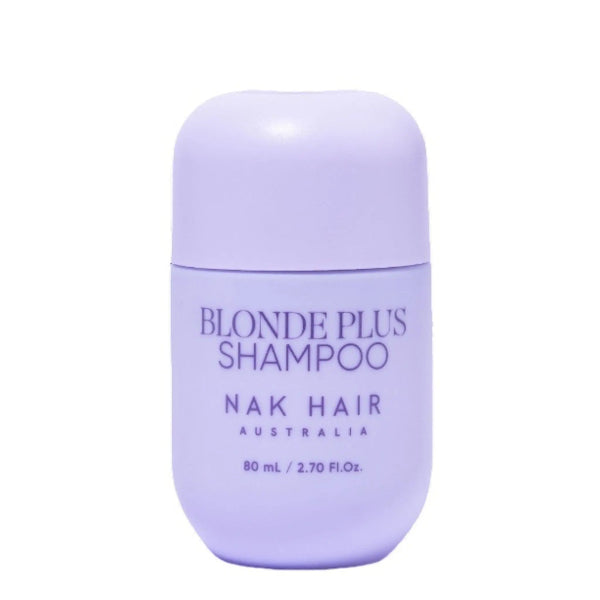 Purple shampoo bottle labeled 'Blonde Plus Shampoo' by Nak Hair Australia on a white background