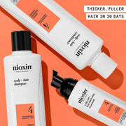 Nioxin hair care products on an orange background with text about hair growth benefits.