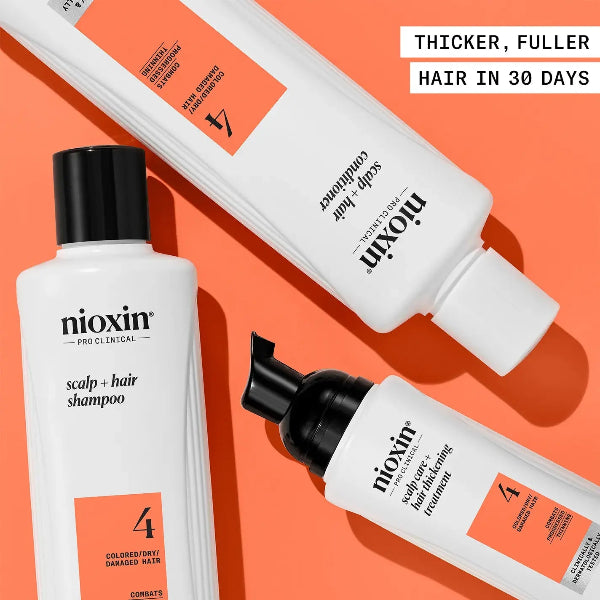 Nioxin hair care products on an orange background with text about hair growth benefits.