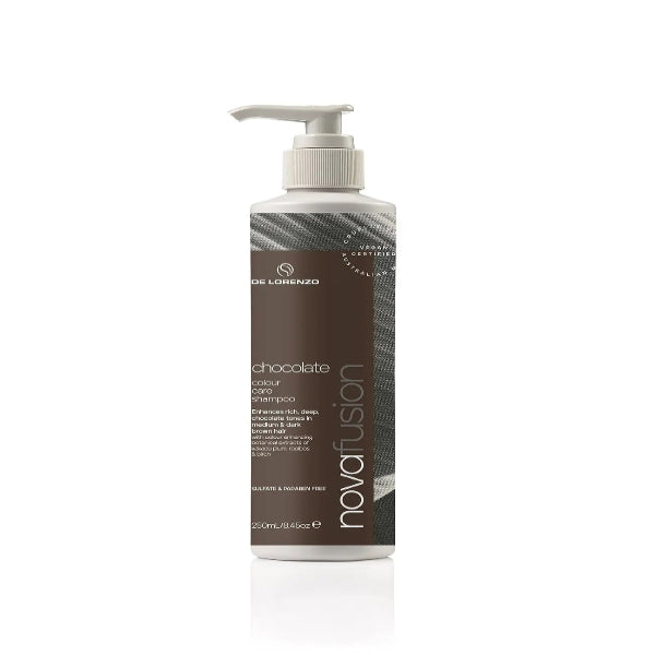 Bottle of novafusion chocolate hair care product on a white background
