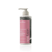 Shampoo bottle with pink label on a white background