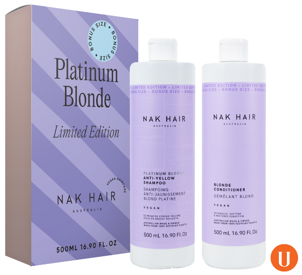 Nak Hair Platinum Blonde shampoo and conditioner set with packaging on a white background