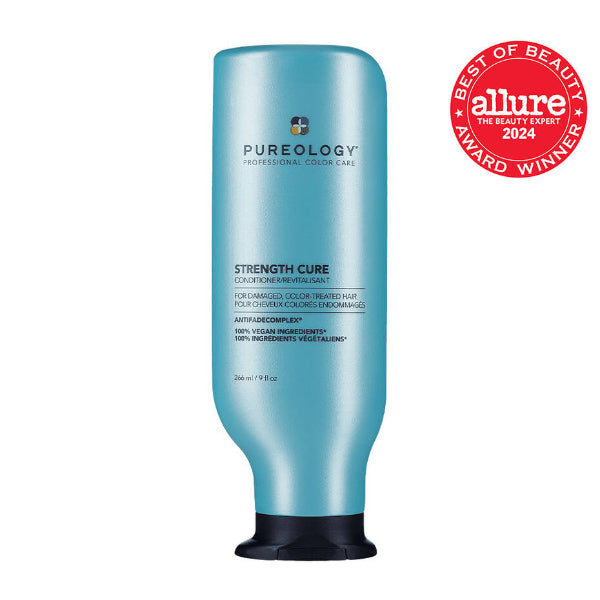 Blue bottle of Pureology Strength Cure conditioner with Allure Best of Beauty 2024 award on a white background