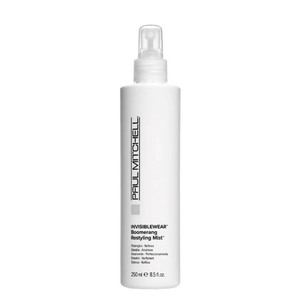 White spray bottle of Paul Mitchell Invisiblewear Boomerang Restyling Mist on a white background