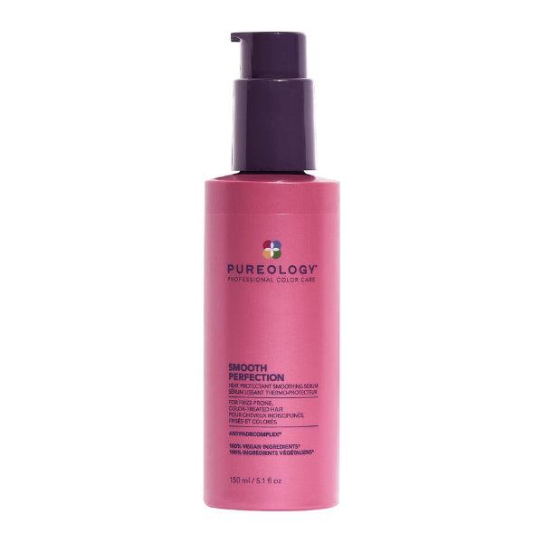 Pink bottle of Pureology hair serum on a white background