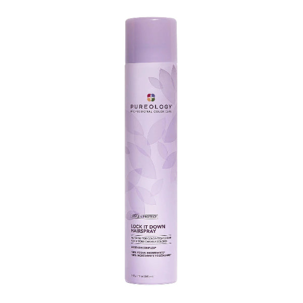 Purple bottle of Pureology Lock It Down Hairspray on a white background