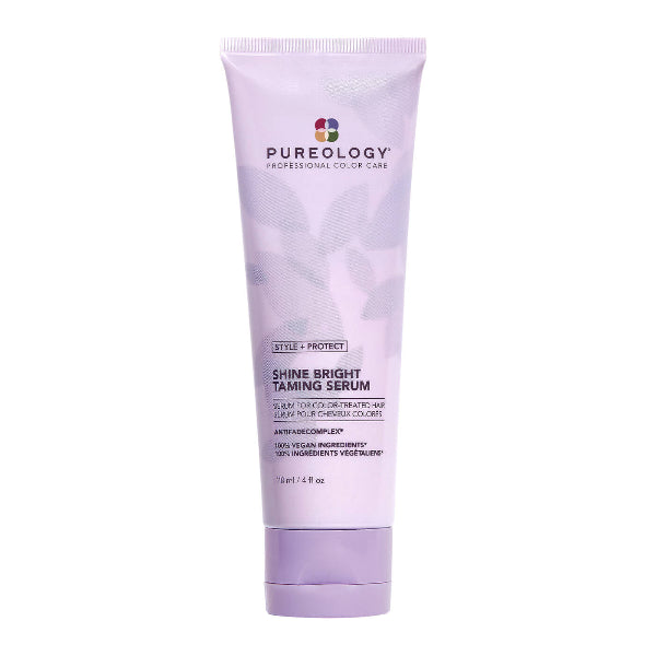 Purple tube of Pureology Shine Bright Taming Serum on a white background