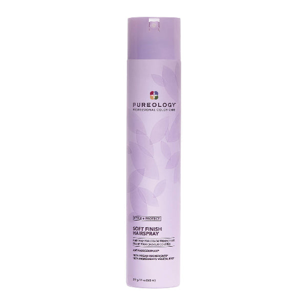 Purple hairspray canister with Pureology branding on a white background