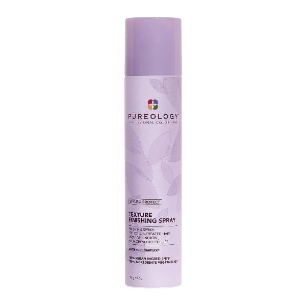 Purple bottle of Pureology Texture Finishing Spray on a white background