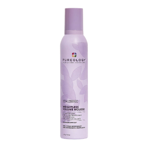 Purple bottle of Pureology Weightless Volume Mousse on a white background