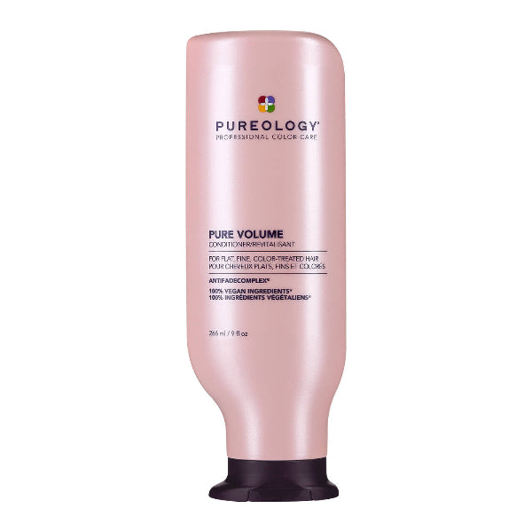 Pink bottle of Pureology Pure Volume conditioner on a white background