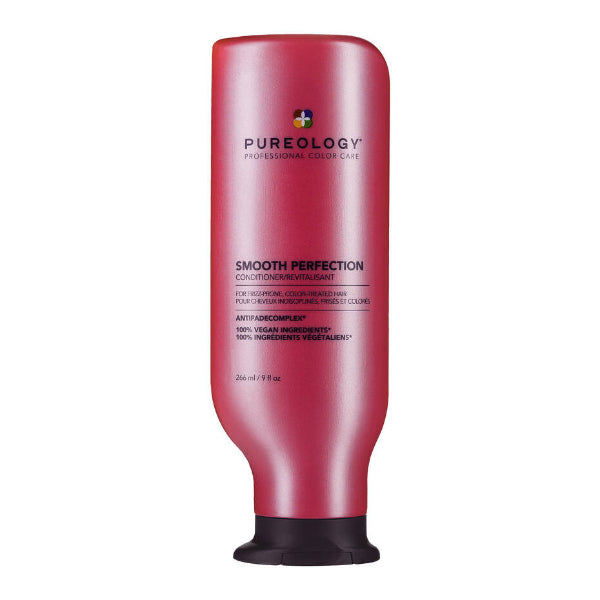 Red bottle of Pureology Smooth Perfection conditioner on a white background