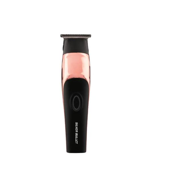 Black and rose gold hair trimmer with 'Silver Bullet' branding on a white background