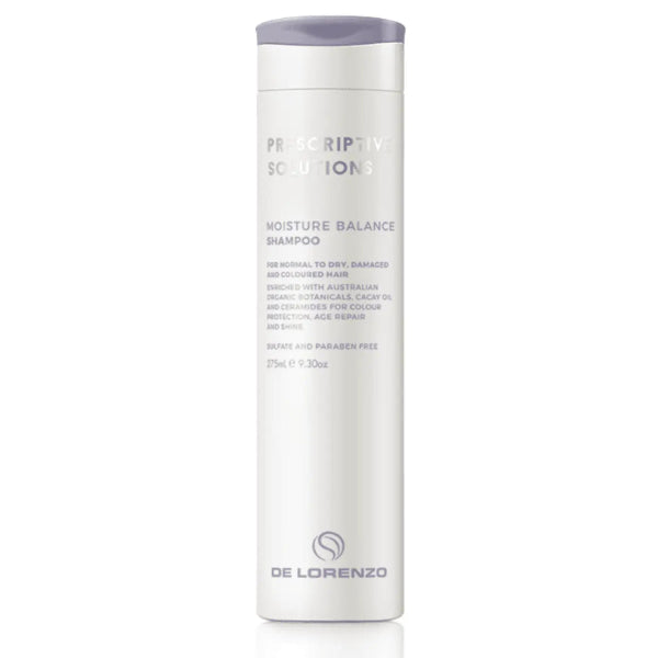 Shampoo bottle labeled 'Moisture Balance Shampoo' by De Lorenzo on a white background
