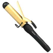 Gold and black curling iron on a white background