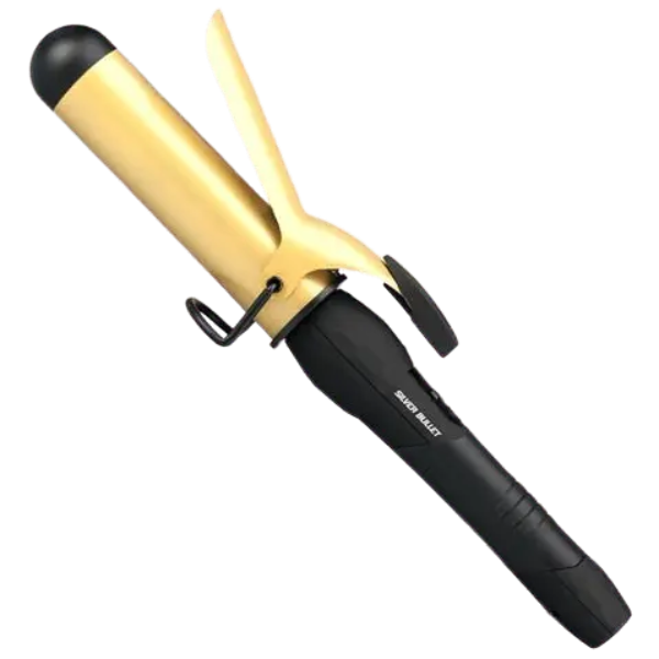 Gold and black curling iron on a white background