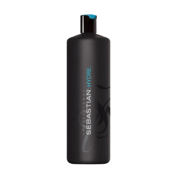 Black bottle of Sebastian Hydre hair product on a white background