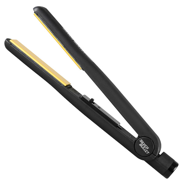 Black hair straightener with yellow accents on a white background