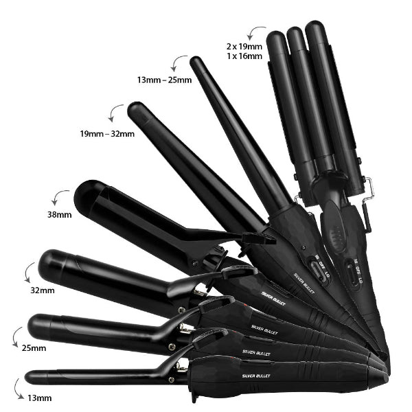 Set of black hair styling wands with size labels on a white background