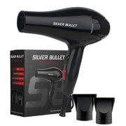 Black hair dryer with attachments and packaging labeled 'Silver Bullet' on a white background.