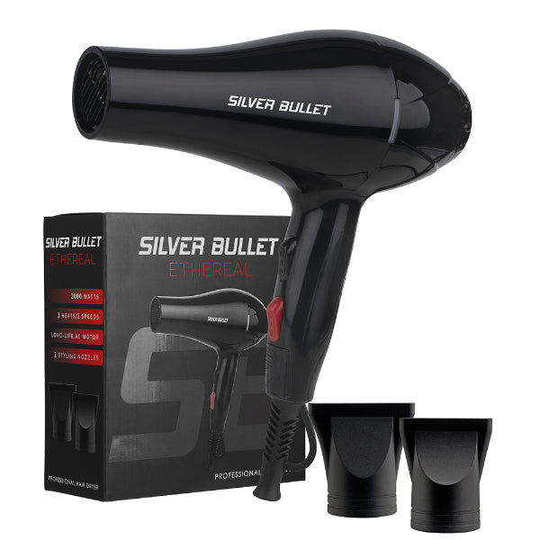Black hair dryer with attachments and packaging labeled 'Silver Bullet' on a white background.