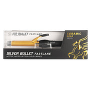 Silver Bullet Fastlane ceramic gold curling iron packaging on a white background
