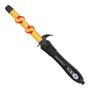 Hair curling iron with yellow barrel and black handle on a white background