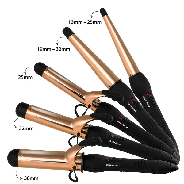 Set of rose gold and black curling irons with size labels on a white background