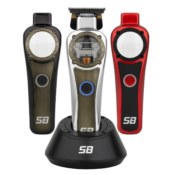 Three grooming tools on a stand with 'SB' branding on a white background