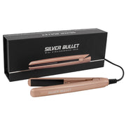 Silver Bullet mini straightening iron with packaging on a white background
