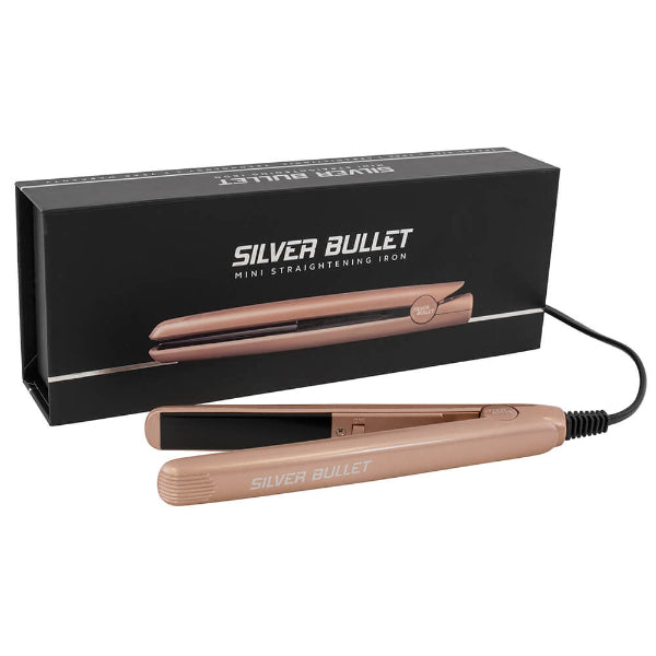 Silver Bullet mini straightening iron with packaging on a white background