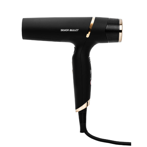 Black hair dryer with 'Silver Bullet' branding on a white background