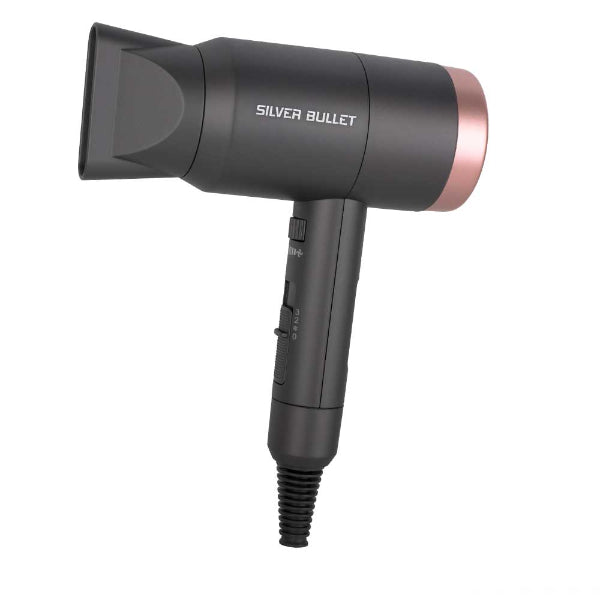 Black hair dryer with 'Silver Bullet' branding on a white background