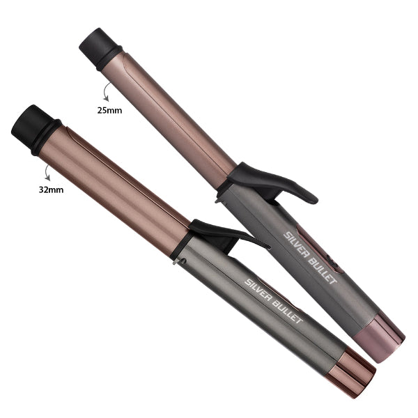 Two hair styling irons with labeled barrel sizes on a white background