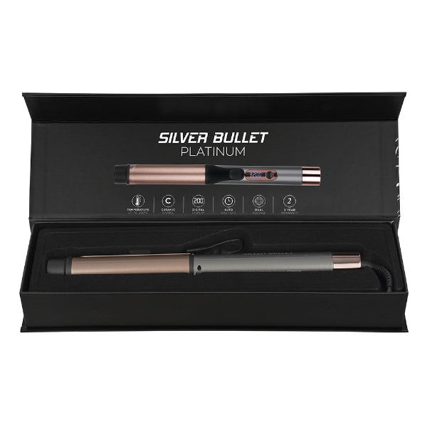 Silver Bullet Platinum hair styling tool in black packaging