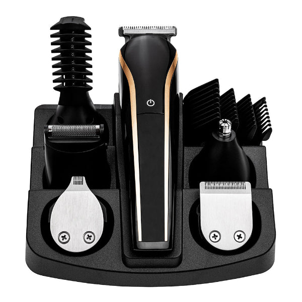 Set of grooming tools including a hair trimmer, beard trimmer, and attachments on a white background