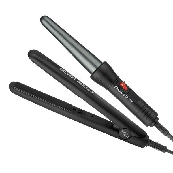 Black hair straightener with 'Silver Bullet' branding on a white background