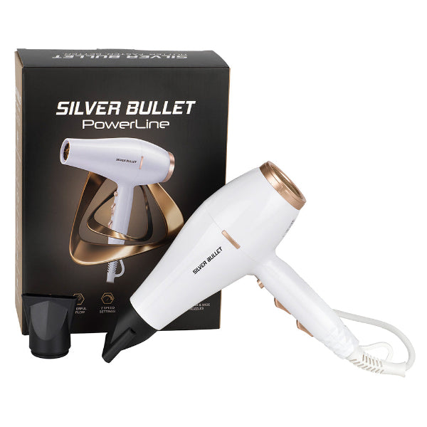White hair dryer with gold accents next to its packaging box labeled 'Silver Bullet PowerLine' on a white background.