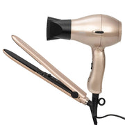 Rose gold hair dryer and flat iron on a white background