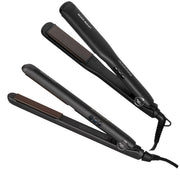 Black hair straightener with brown heating plates on a white background