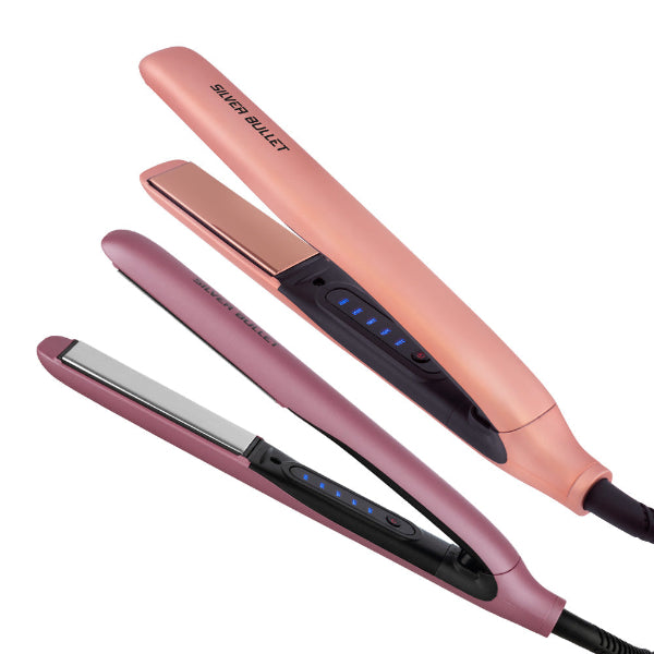 Rose gold and pink hair straightener with 'Silver Bullet' branding on a white background