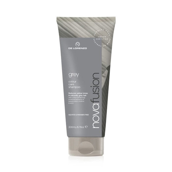 Tube of novafusion grey color care shampoo on a white background