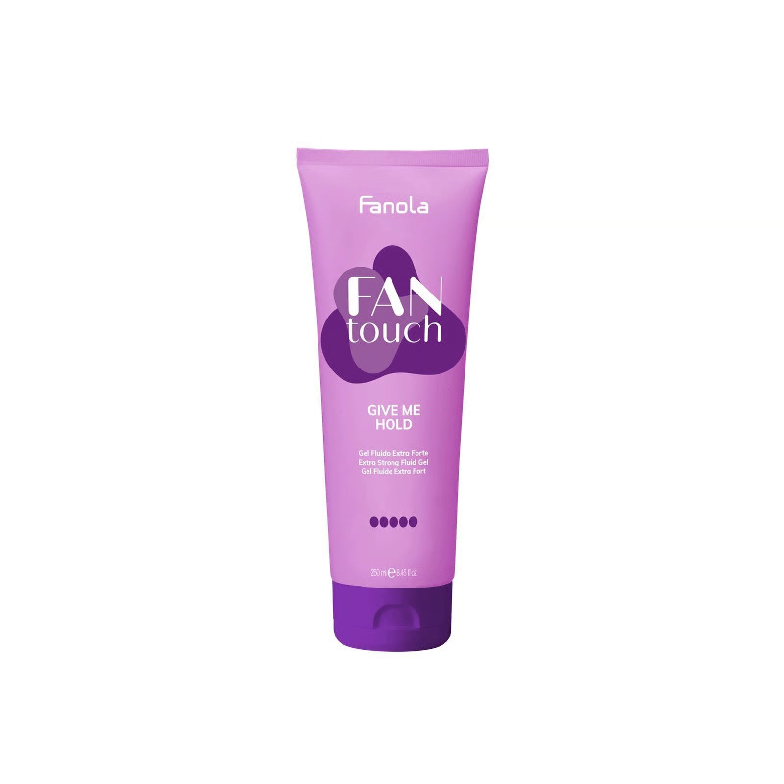 Purple tube of Fanola Fan Touch hair product on a white background