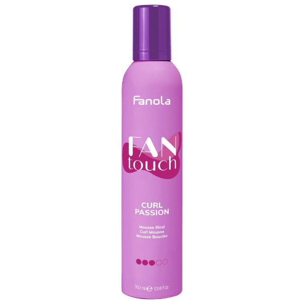 Purple bottle of Fanola Fan Touch Curl Passion mousse on a white background