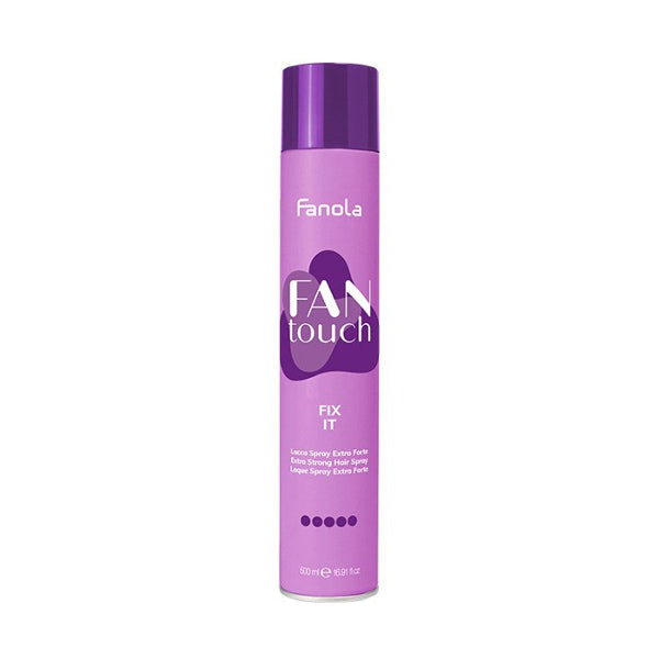 Purple hair spray bottle with 'Fanola' branding on a white background
