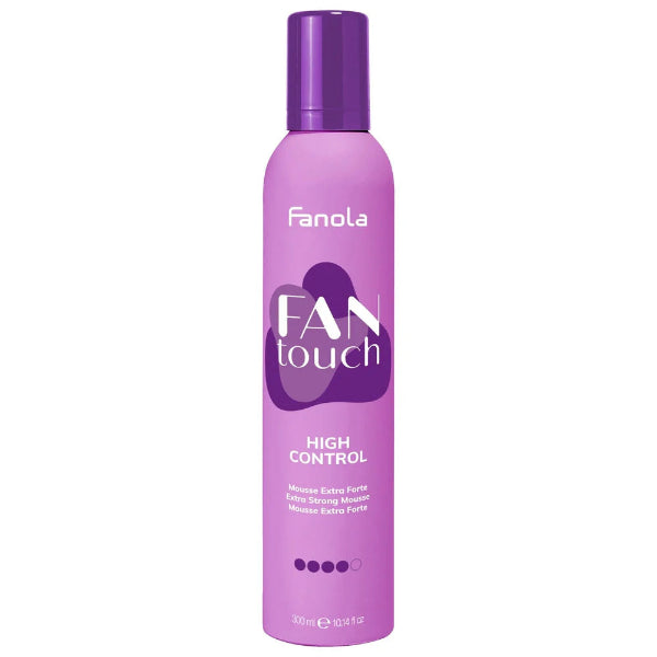 Purple bottle of Fanola Fan Touch hair product on a white background