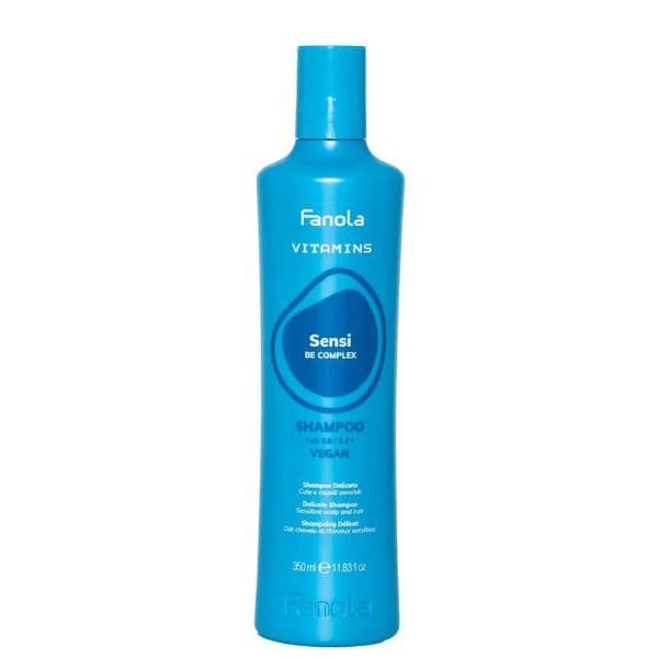 Blue shampoo bottle with Fanola branding on a white background