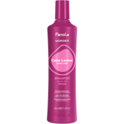 Pink bottle of Fanola Color Locker shampoo on a white background